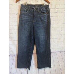Judy Blue Jeans Womens 7/28 Blue Wide Leg High Rise Raw Fringe Hem Stretch Denim